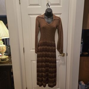 Vintage 70’s Wenjilli Maxi Dress S Long Sleeve Metallic Knit Collar Rib Striped